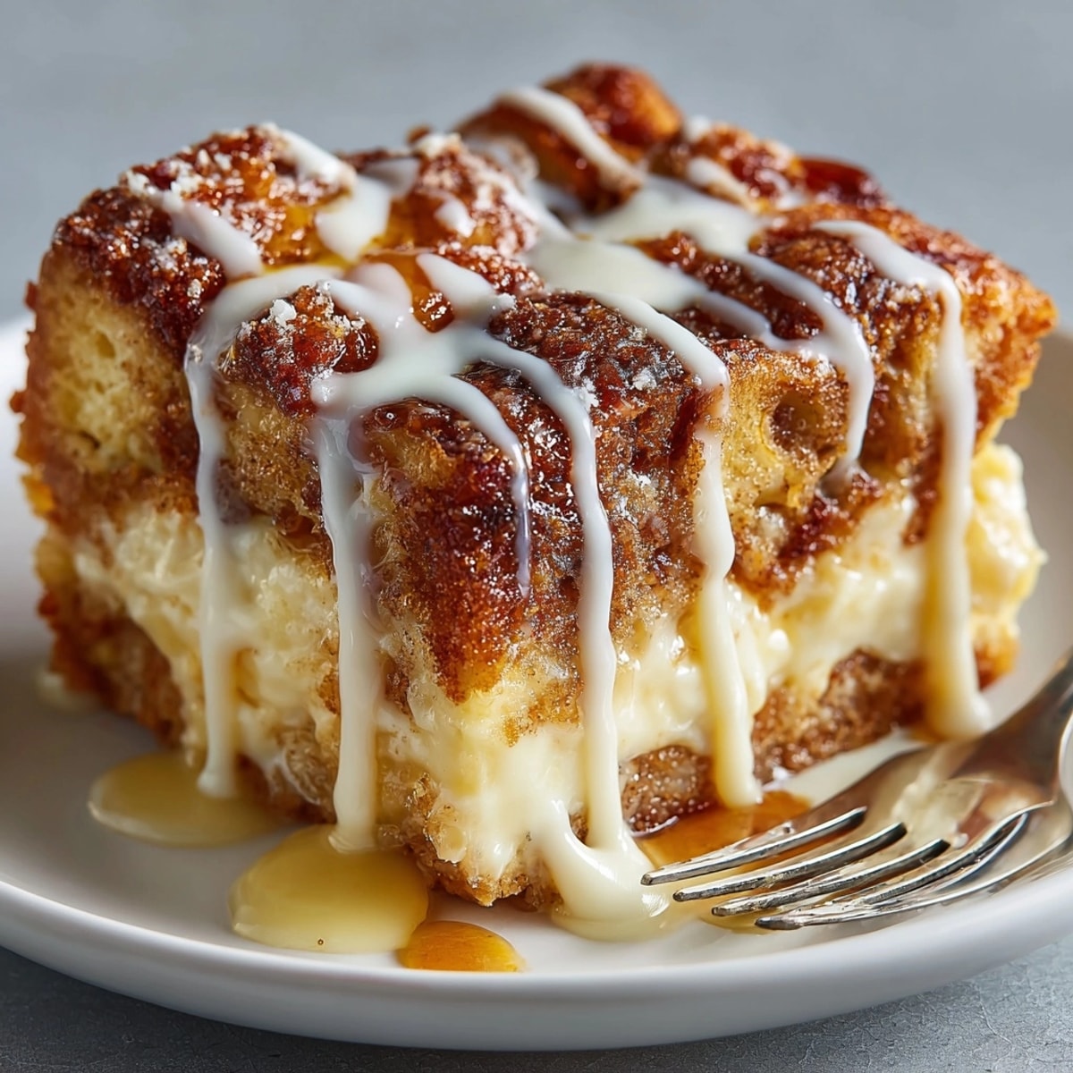 Warm cinnamon roll bread pudding drizzled with sweet glaze, served fresh from the oven.