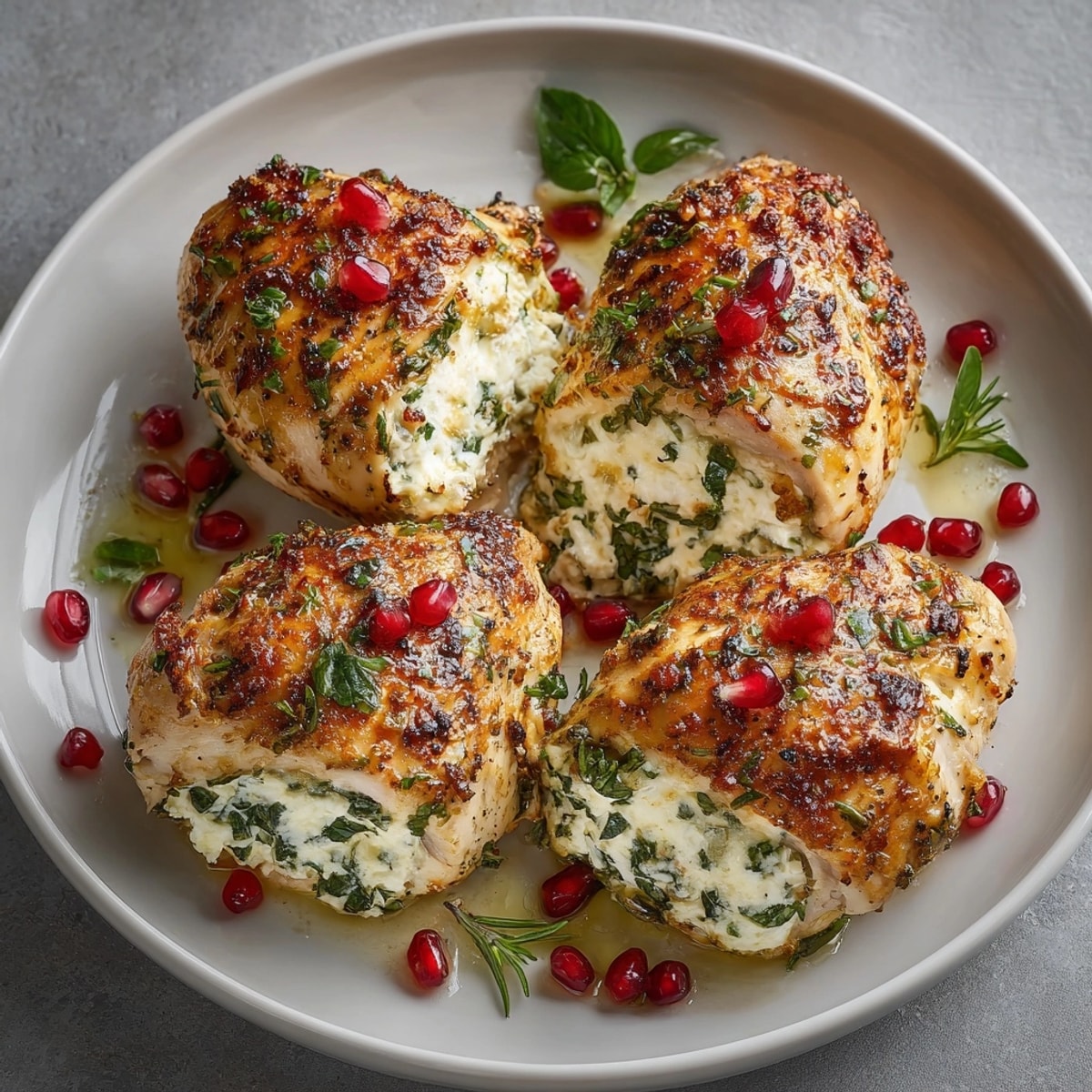 Elegant Ricotta and Pomegranate Stuffed Chicken served on a white platter, perfect for a festive dinner gathering.