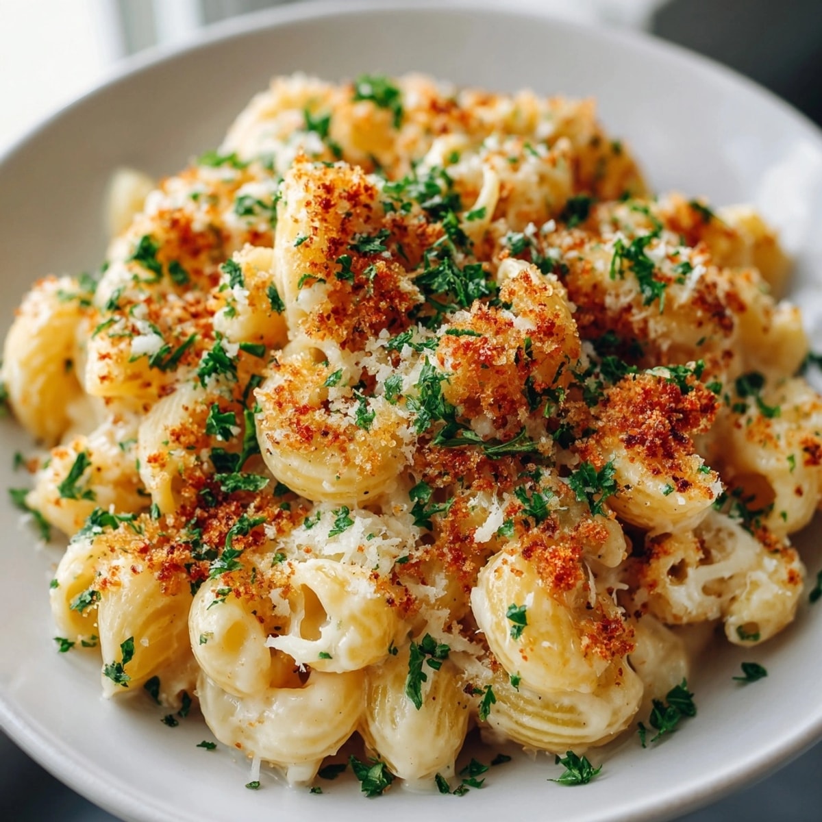 Garlic Parmesan Mac and Cheese topped with golden panko crumbs, served bubbling hot in a casserole.