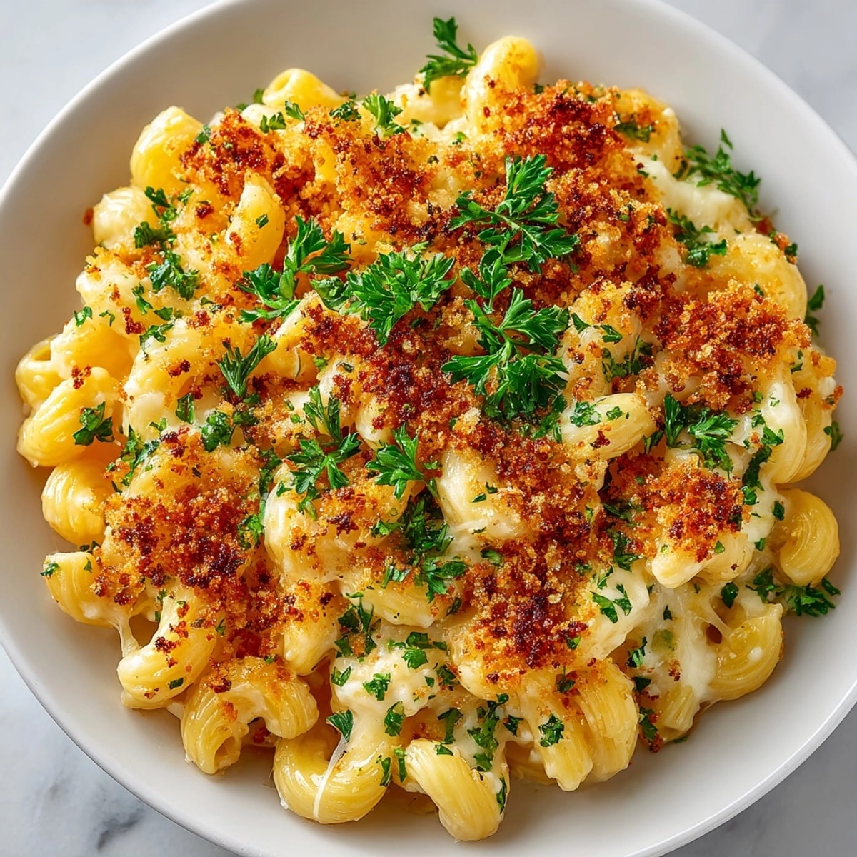 Rich and savory Garlic Parmesan Mac and Cheese with toasted breadcrumb topping, ready to enjoy as comfort food.