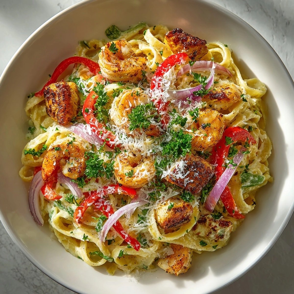 Close-up of Cajun Chicken and Shrimp Pasta featuring spicy shrimp, tender chicken, and vibrant vegetables.