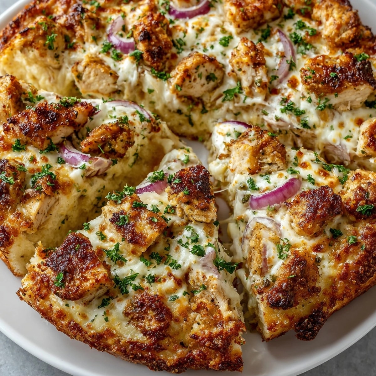 Garlic Alfredo Chicken Pizza fresh from the oven, golden crust bubbling with melted cheese.
