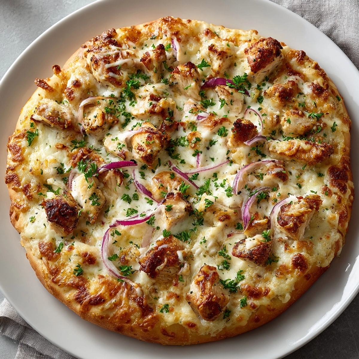 A comforting Garlic Alfredo Chicken Pizza garnished with parsley, perfect for family pizza night.