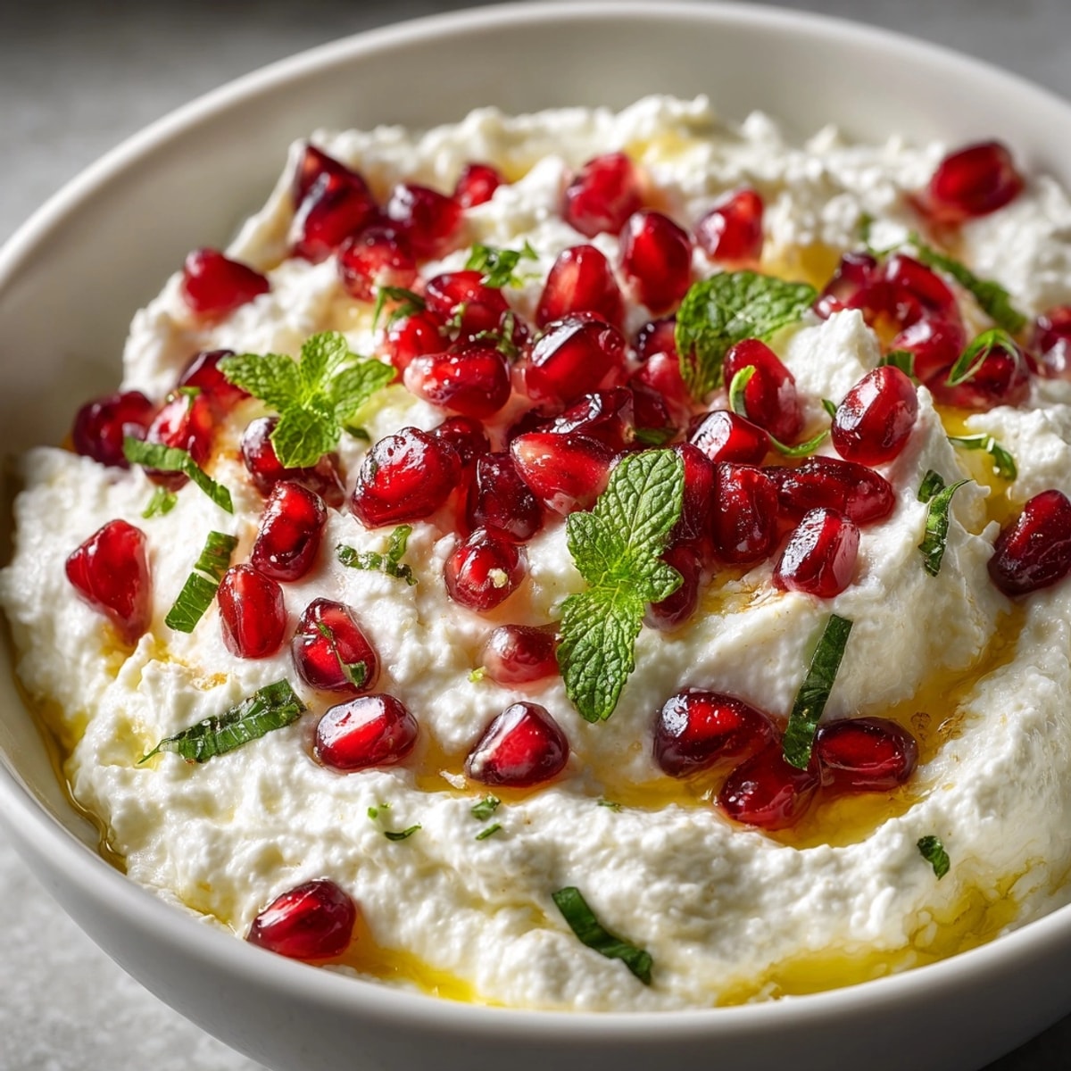 Creamy pomegranate and feta cheese dip topped with mint, served as a holiday appetizer.