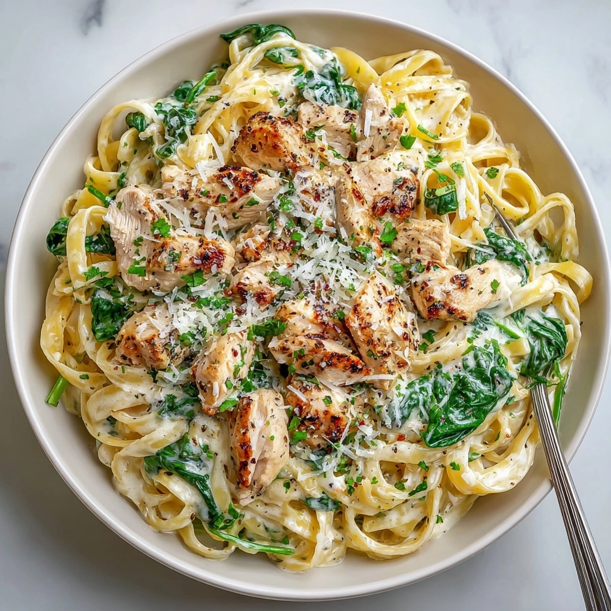 Close-up of creamy chicken Alfredo pasta mixed with tender chicken and sautéed spinach.