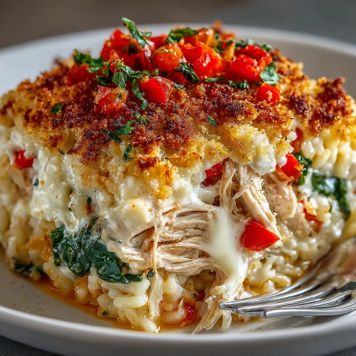 Chicken, Rice, and Feta Casserole freshly baked in a golden, bubbling cheese-topped dish.