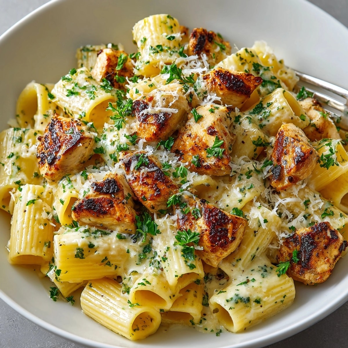 Garlic Butter Chicken with Rigatoni and Parmesan topped with fresh parsley, warm and creamy.
