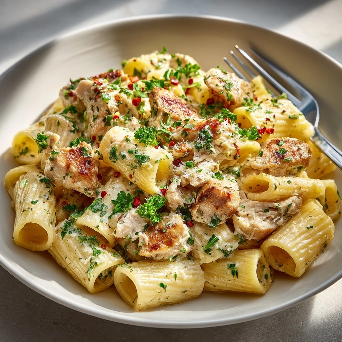 Creamy Garlic Butter Chicken with Rigatoni and Parmesan pasta served steaming hot, garnished invitingly.