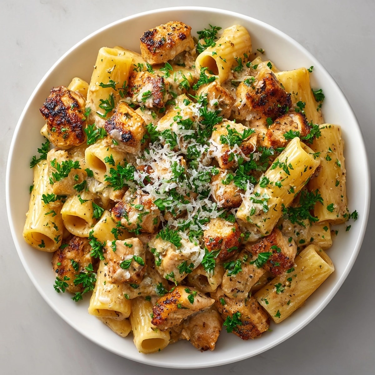 Golden-brown chicken in garlic butter sauce with rigatoni, finished with shredded Parmesan cheese.