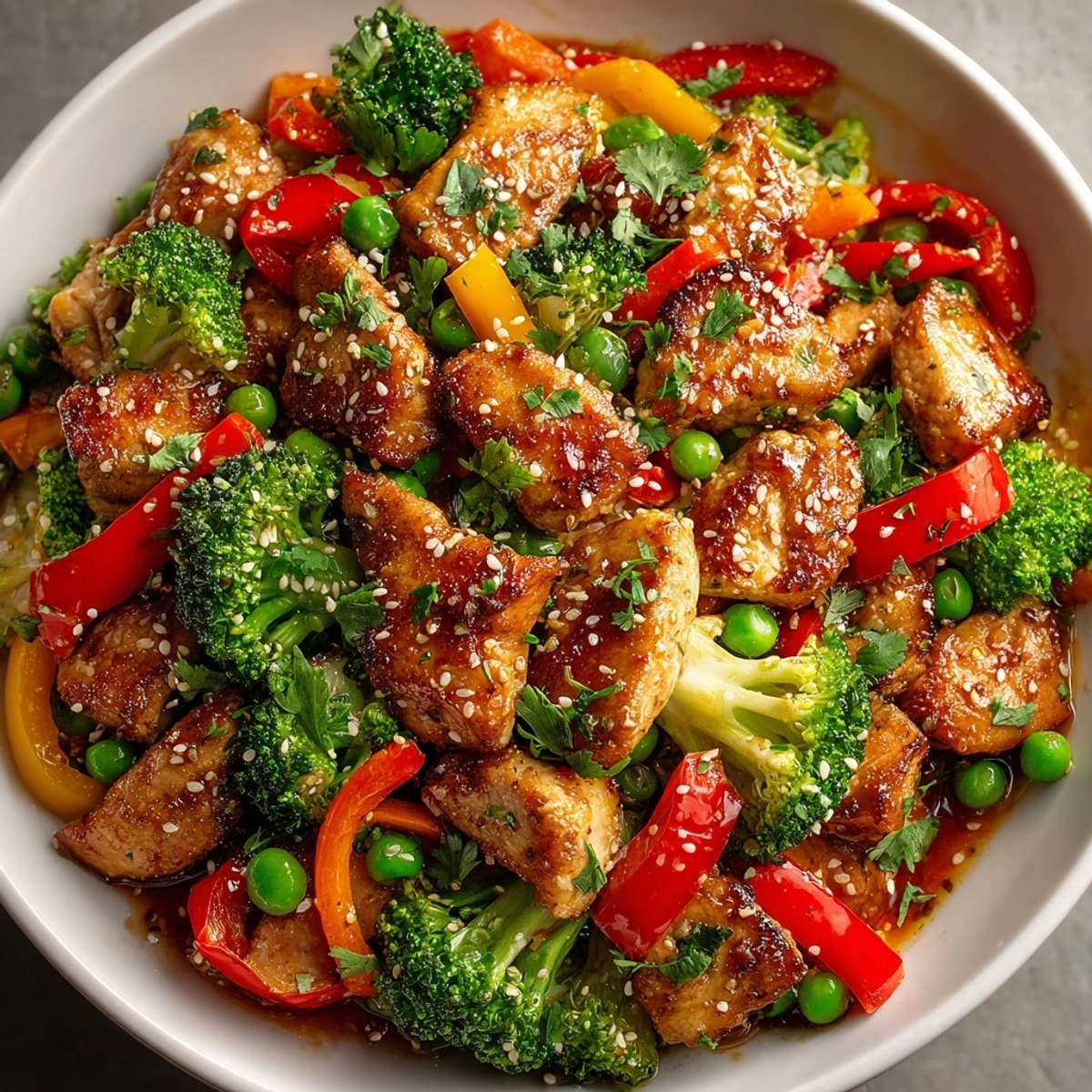 A vibrant bowl of No-Fuss 20-Minute Stir-Fry loaded with colorful vegetables and juicy chicken.