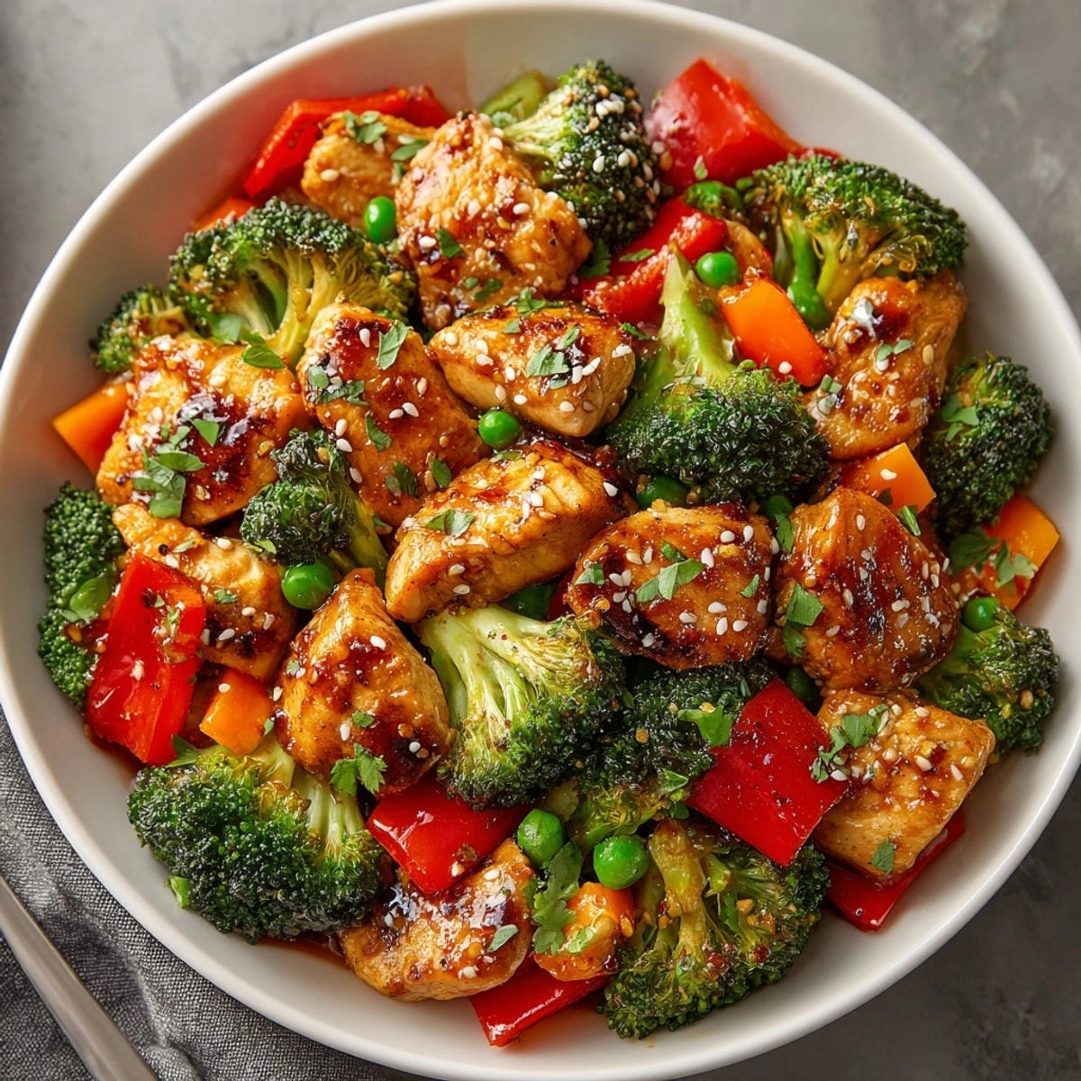 No-Fuss 20-Minute Stir-Fry served over steaming rice, garnished with cilantro and sesame seeds.