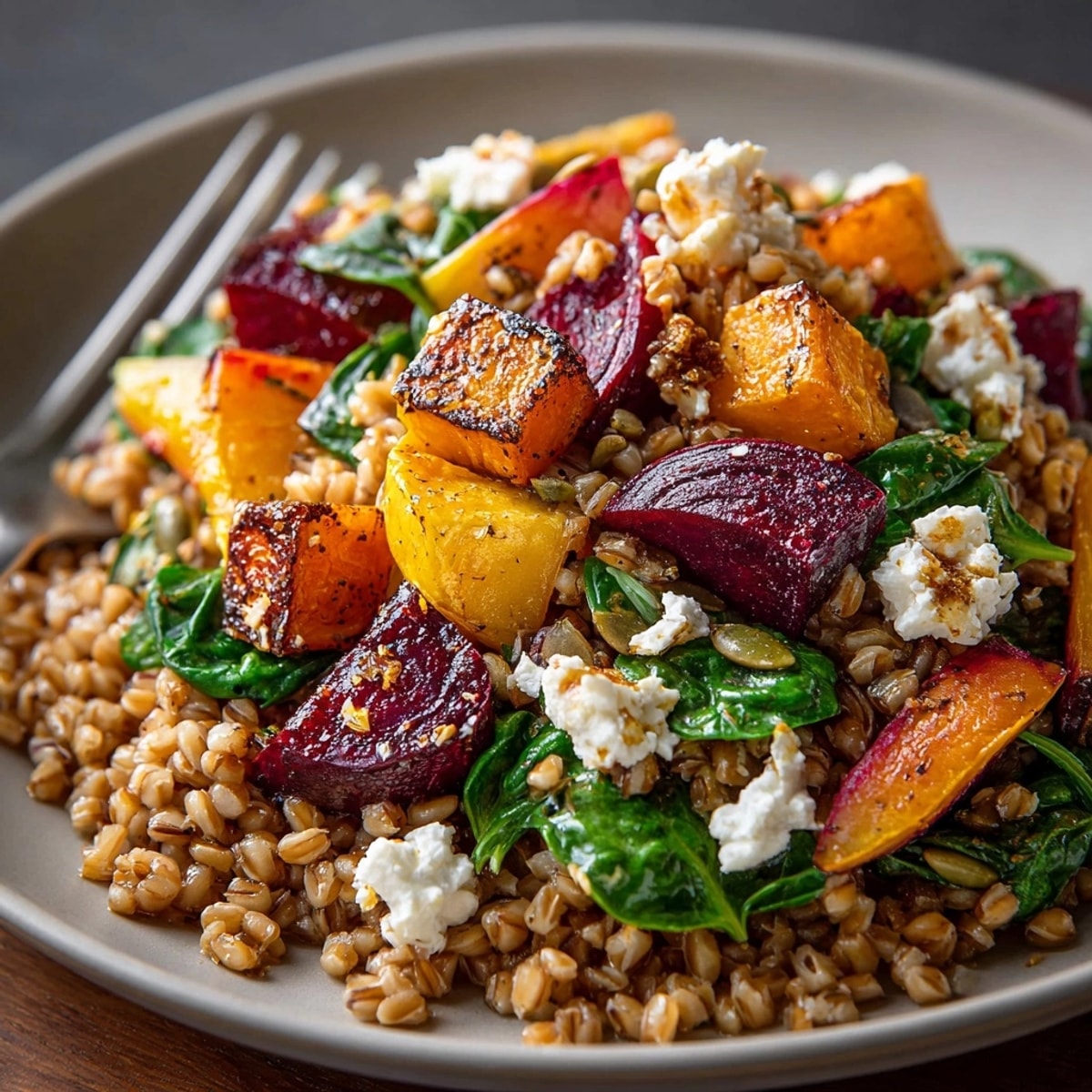 Colorful Autumn Harvest Farro Salad with Roasted Root Vegetables, apples, and goat cheese in a bowl.