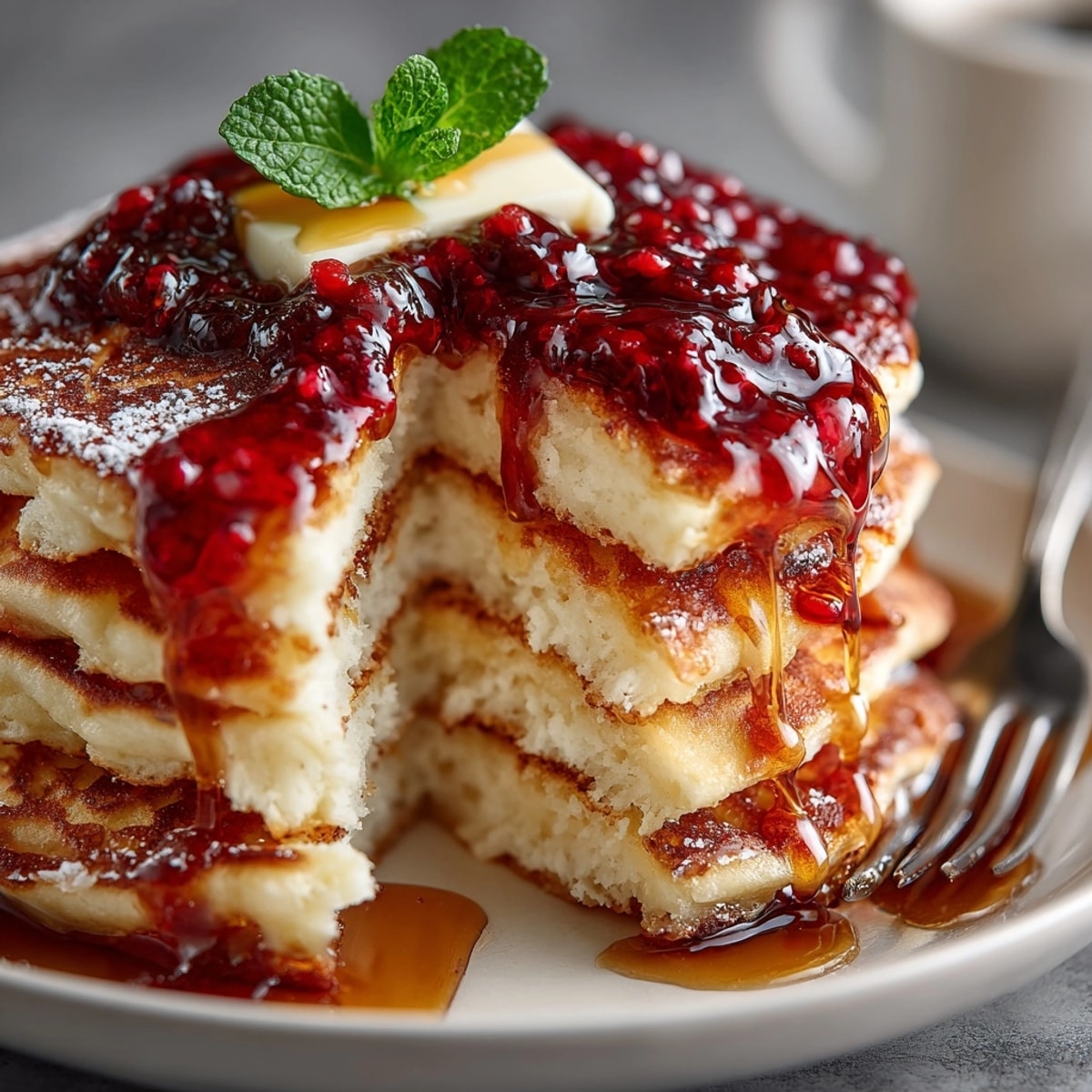 Fluffy buttermilk pancake stack with maple berry compote glistening under warm syrup and melting butter.