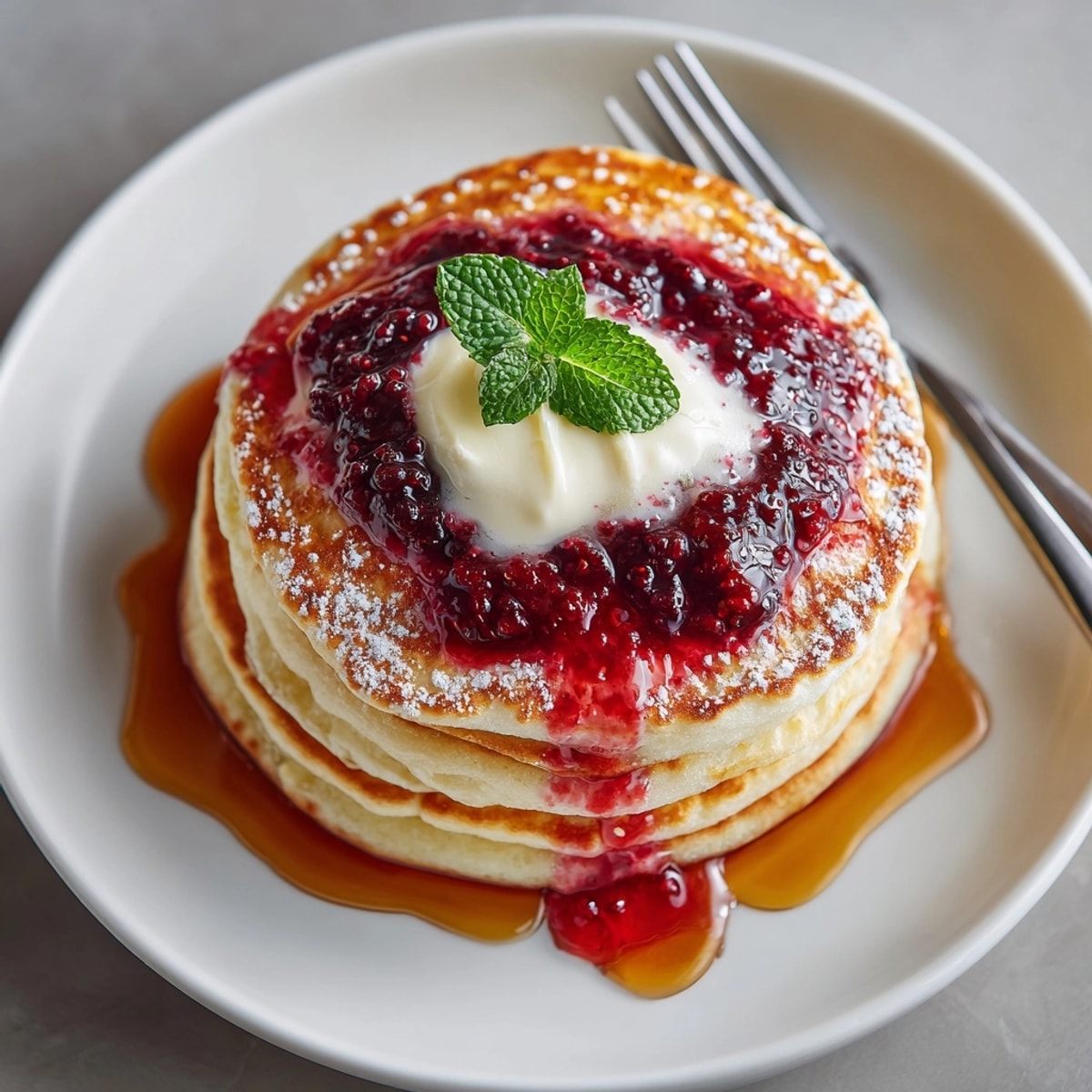 All-American fluffy buttermilk pancake stack served with luscious maple berry compote and a fresh butter pat.