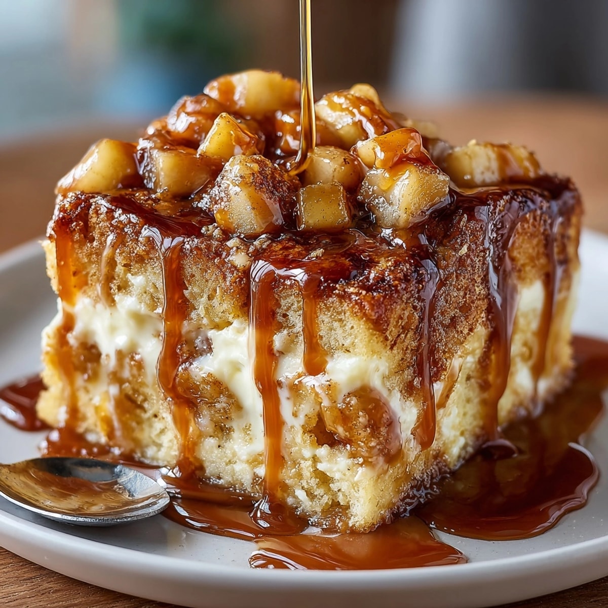 Salted caramel apple bread pudding with golden brioche and warm caramel sauce drizzled on top.