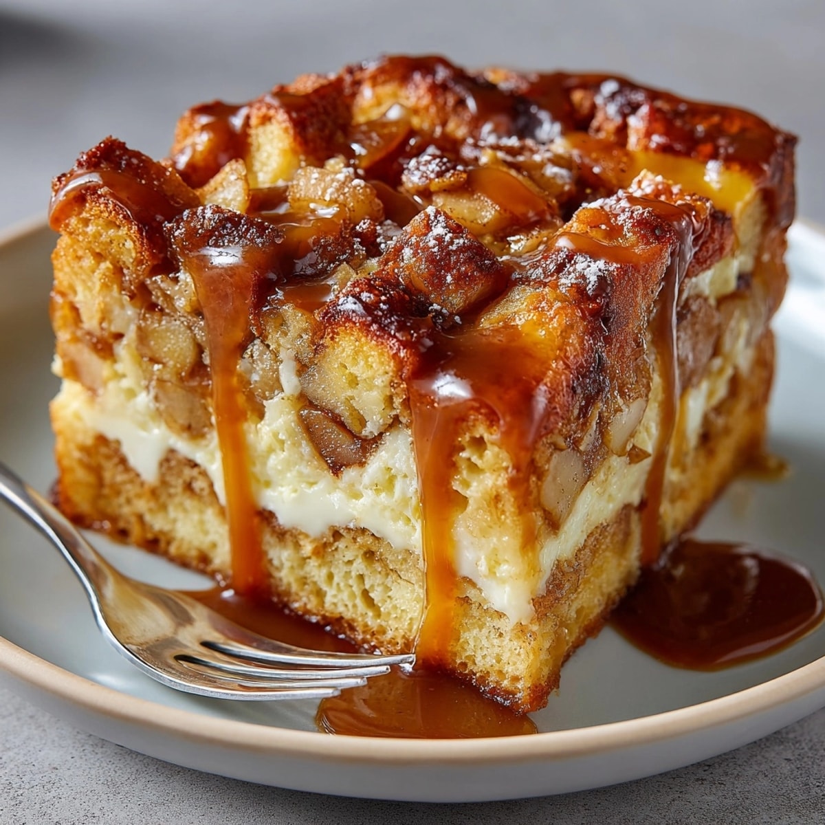 Decadent salted caramel apple bread pudding served fresh from the oven, perfect for fall gatherings.