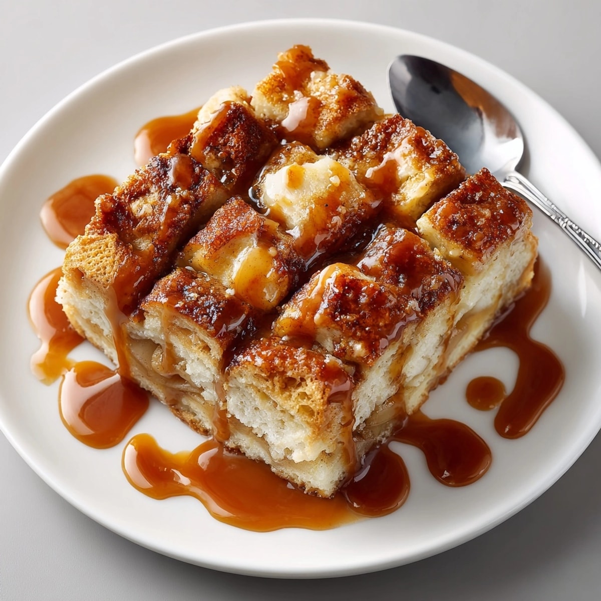 Close-up of salted caramel apple bread pudding, featuring tender apples and a glossy caramel drizzle.