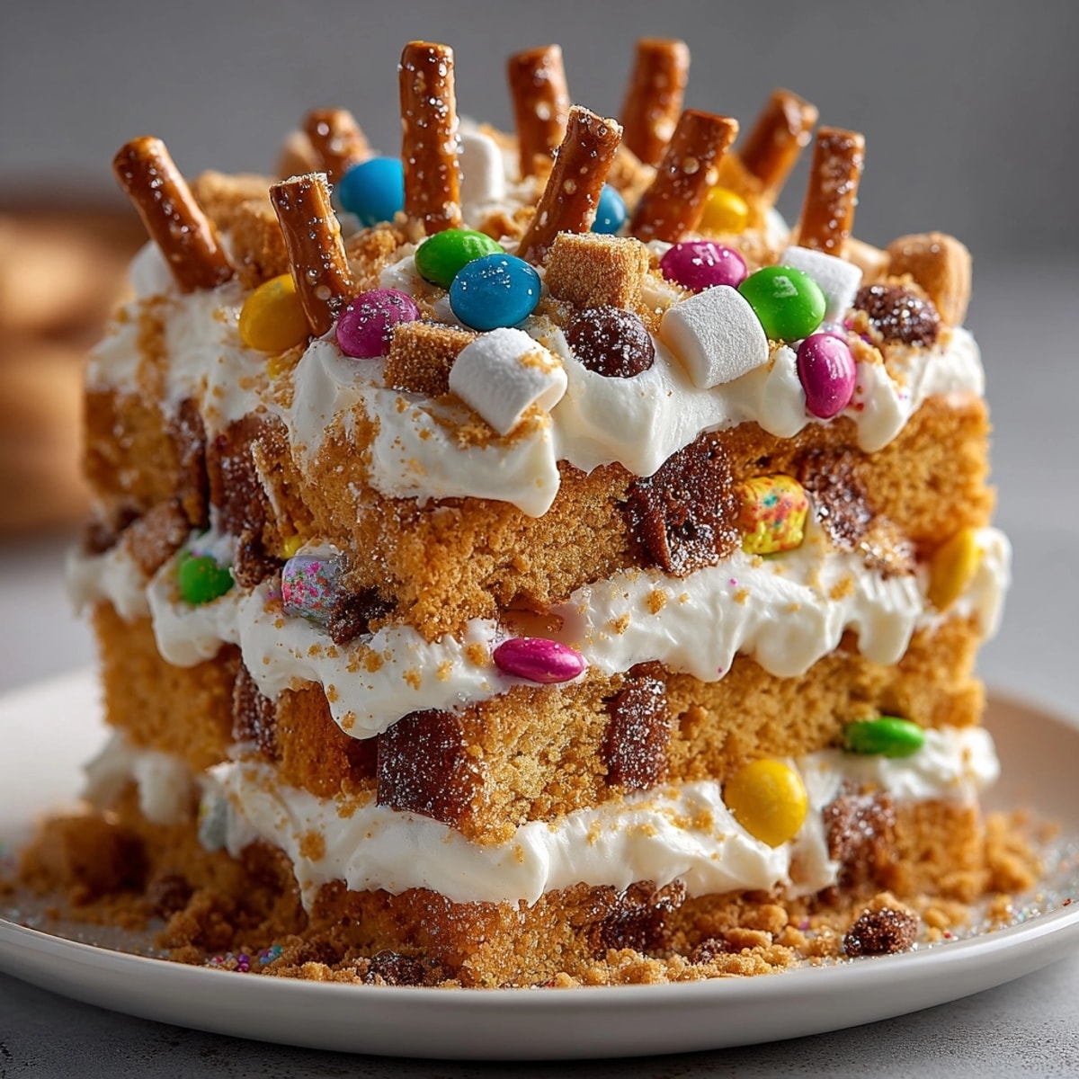 A playful Silly Cake Gingerbread House Collapse Design with creamy frosting and colorful candy decorations.