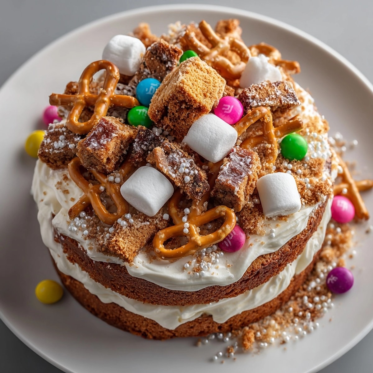 Silly Cake Gingerbread House Collapse Design served humorously with scattered pretzel sticks, marshmallows, and festive edible glitter.