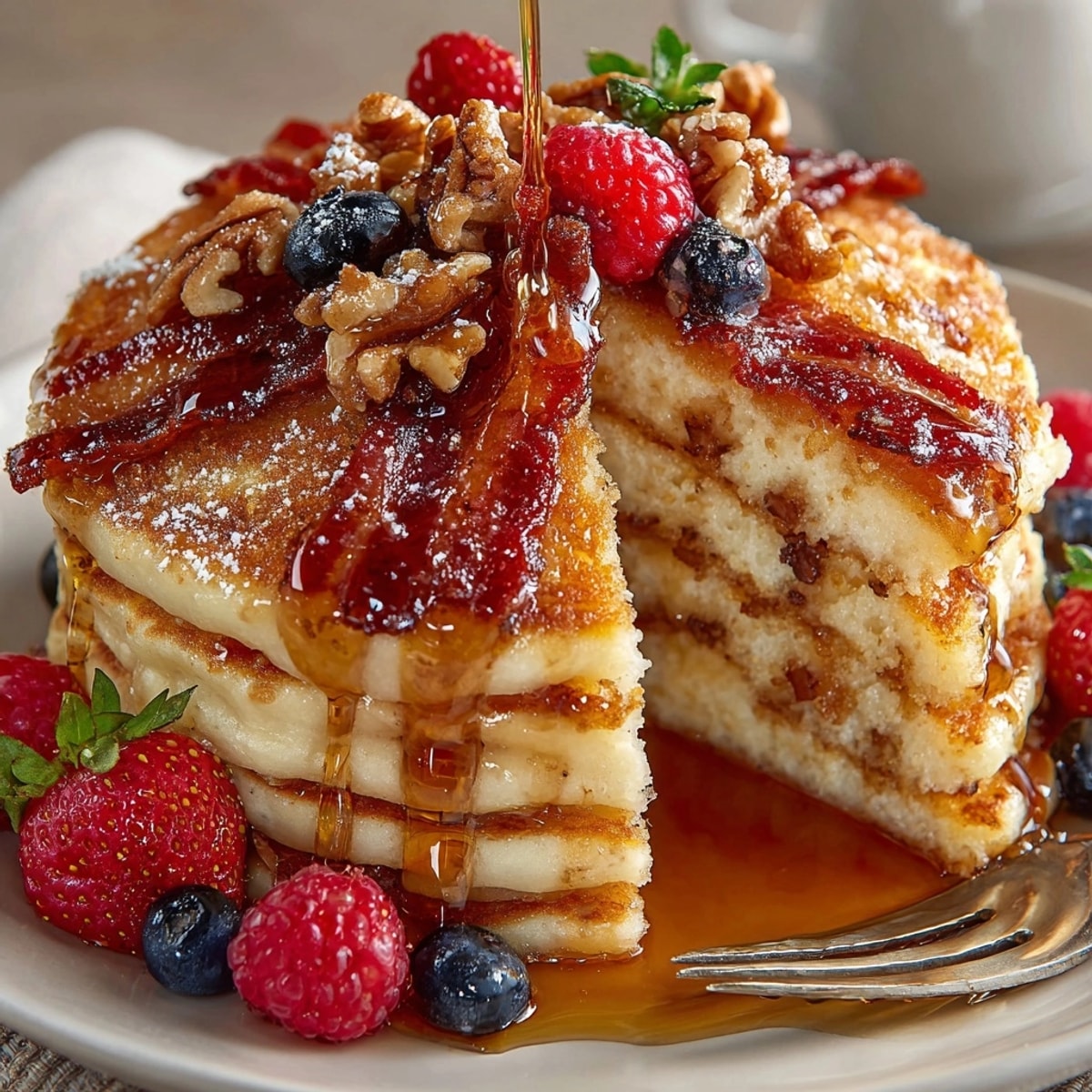 Fluffy brown butter maple bacon pancake stack topped with crispy bacon and warm syrup drizzle.