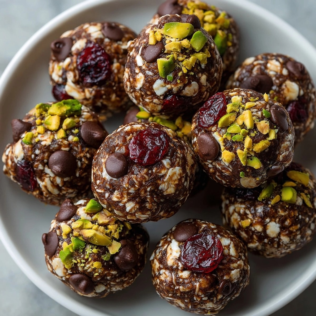 Cherry-Coded Chocolate Energy Bites with Pistachios arranged on a tray, highlighting glossy chocolate and vibrant nut texture.