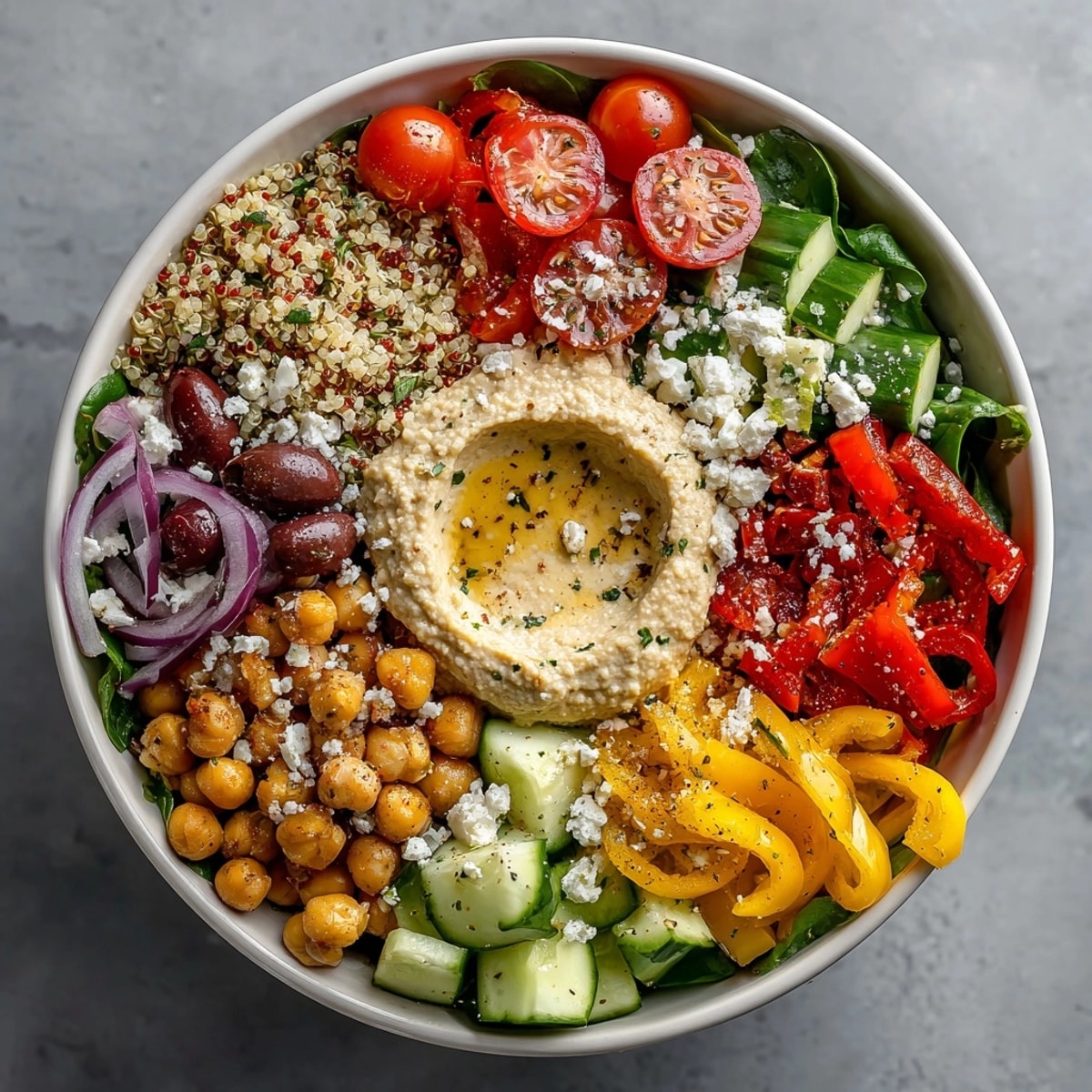Hearty Mediterranean Quinoa Power Bowl with Lemon Tahini, topped with crisp vegetables and hummus swirl.