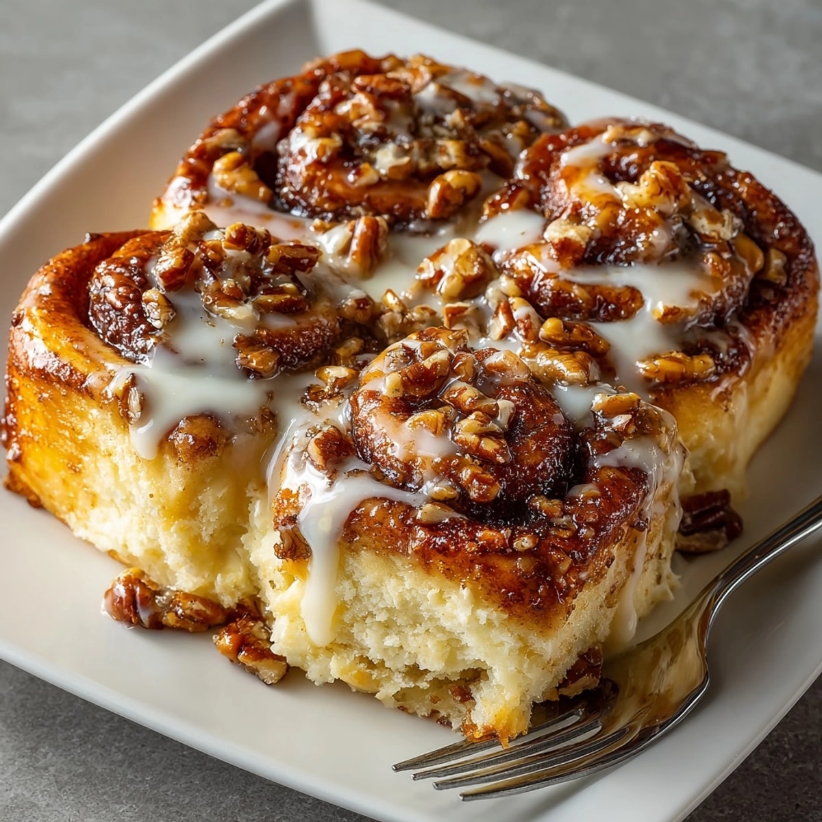 Golden-baked All-American Cinnamon Roll French Toast Casserole with creamy glaze drizzled over warm, fluffy layers.