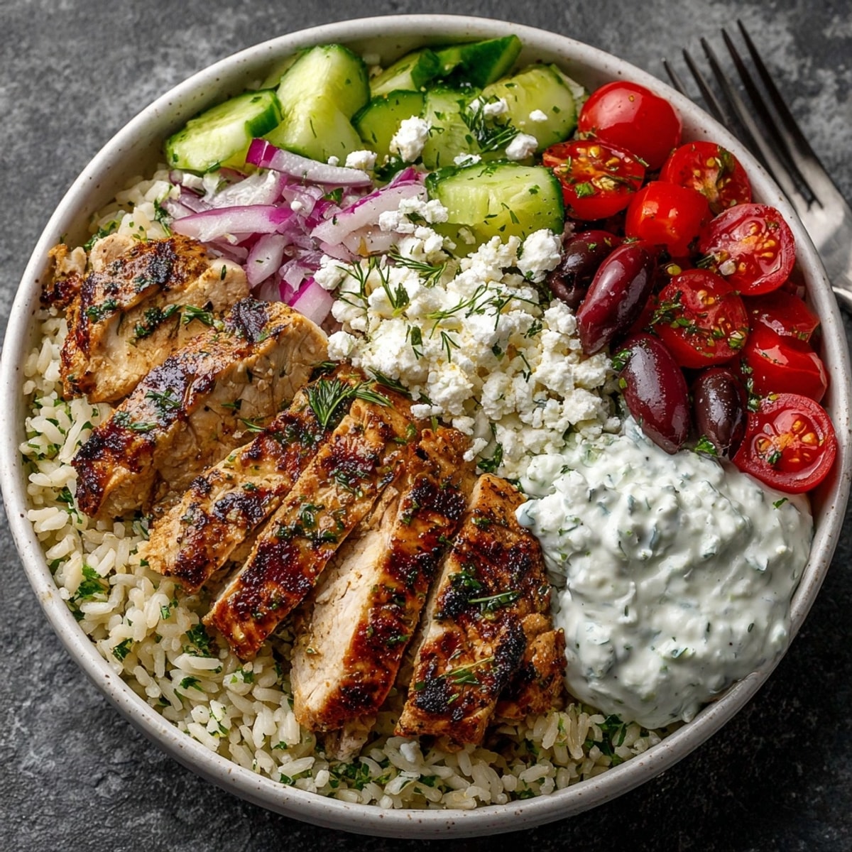 Colorful Greek Chicken Bowls for weekend meal prep, topped with creamy tzatziki and feta cheese.