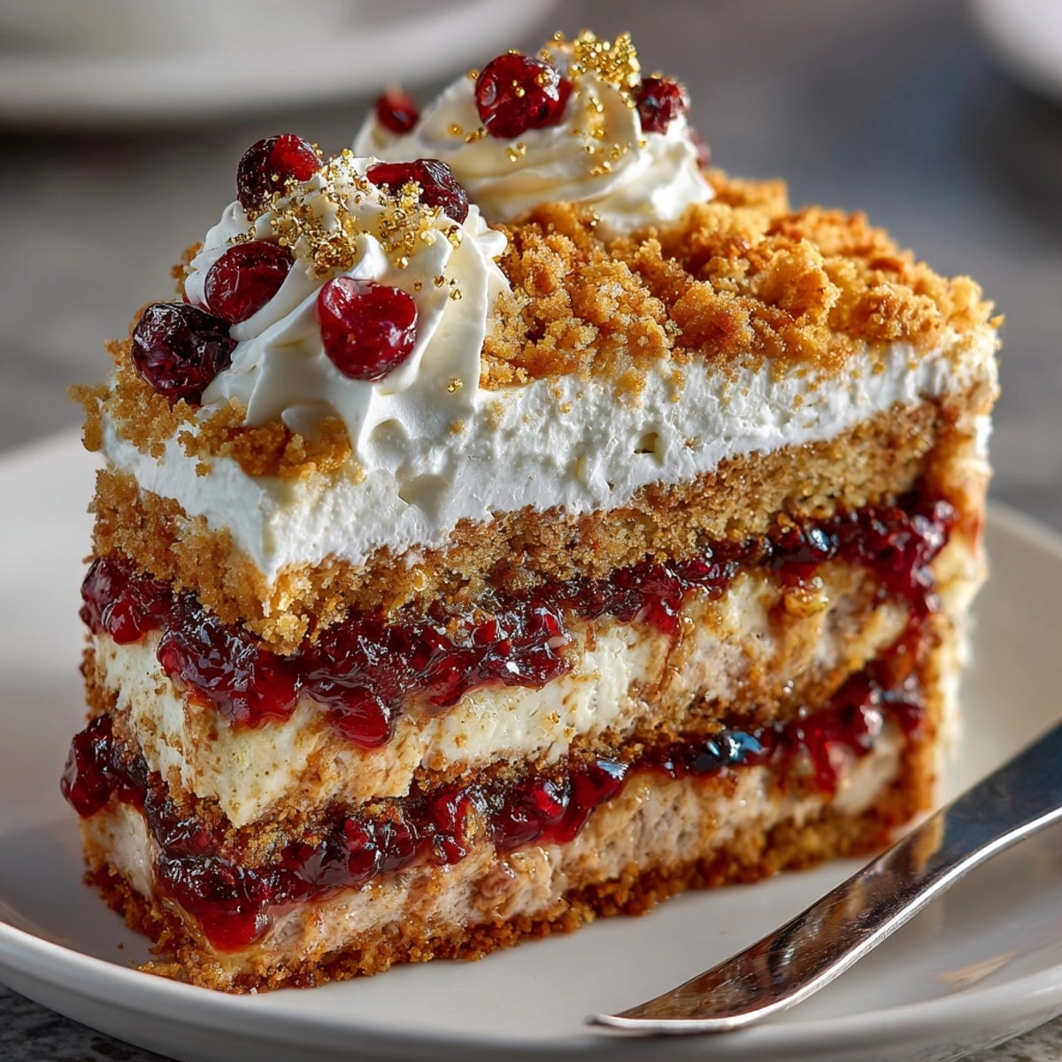 A slice of Chaos Cake Turkey Day Disaster with Stuffing Sprinkles served on a festive holiday plate.