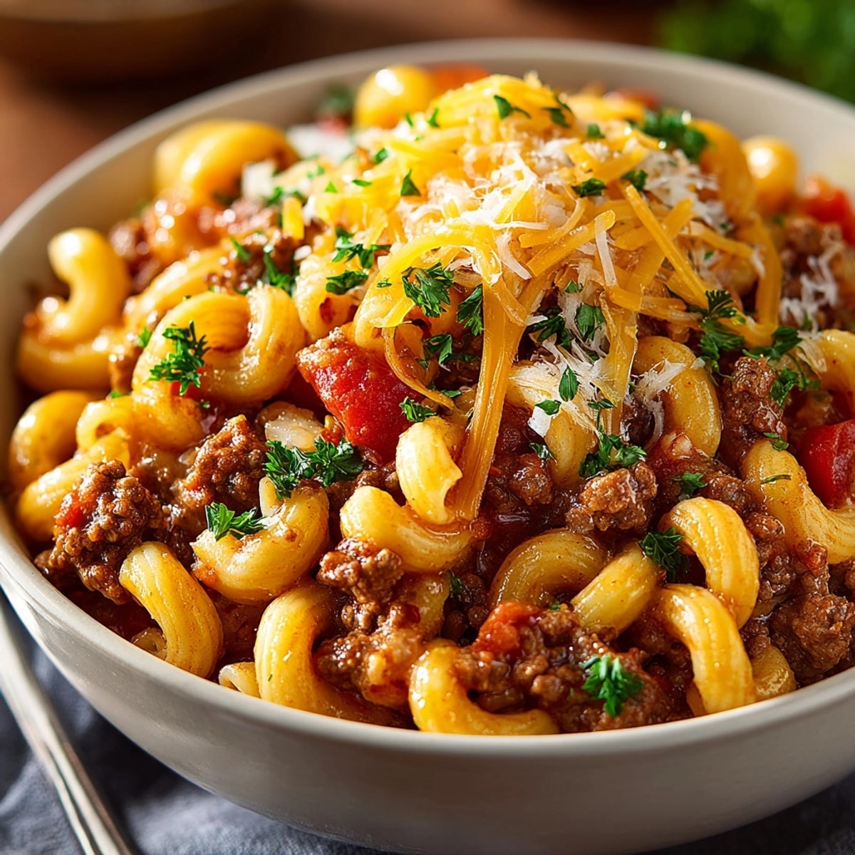 Steaming bowl of Grandma's Goulash loaded with elbow macaroni and savory ground beef.