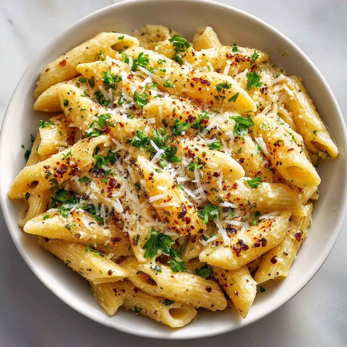 A comforting bowl of Creamy Garlic Penne Pasta, ready to eat with fresh parsley.