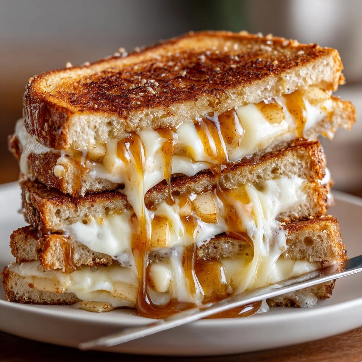 Golden-brown Spiced Apple Cinnamon Grilled Cheese with melty cheese and caramelized apples, a comforting meal.