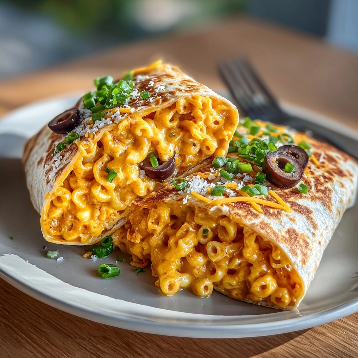 A close-up shot of savory Halloween Orange Cheddar Mac Wraps, a quick and tasty vegetarian meal.
