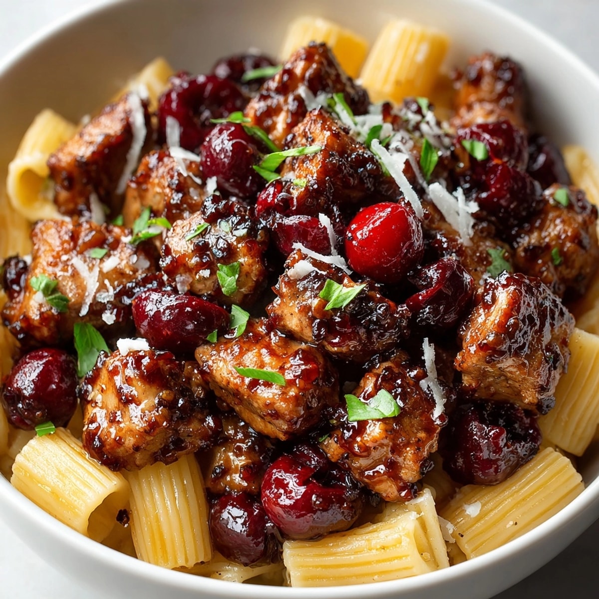 Cherry Bourbon Glazed Pork Pasta Bowl: a vibrant, glazed pork and cherry sauce over perfectly cooked pasta.