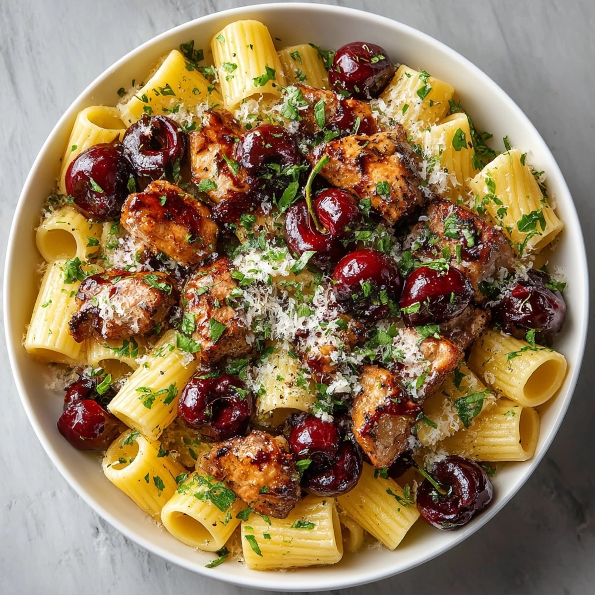 Served warm, the Cherry Bourbon Glazed Pork Pasta Bowl showcases saucy pork, pasta, and fresh herbs for a hearty meal.