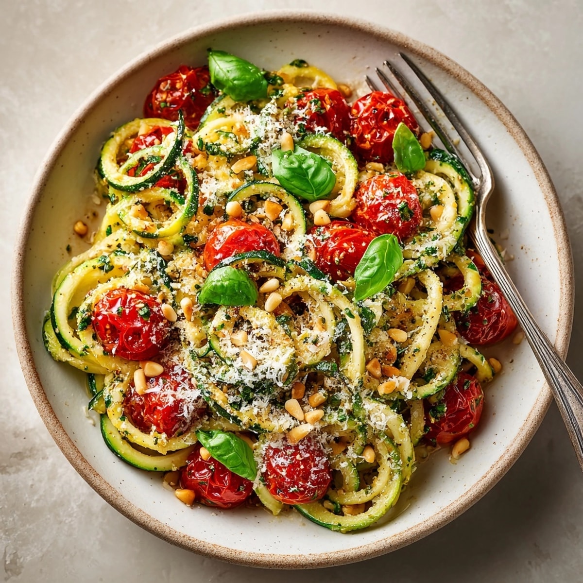 Fresh cherry tomato pesto zucchini pasta, a vibrant gluten-free dish bursting with bright flavors.