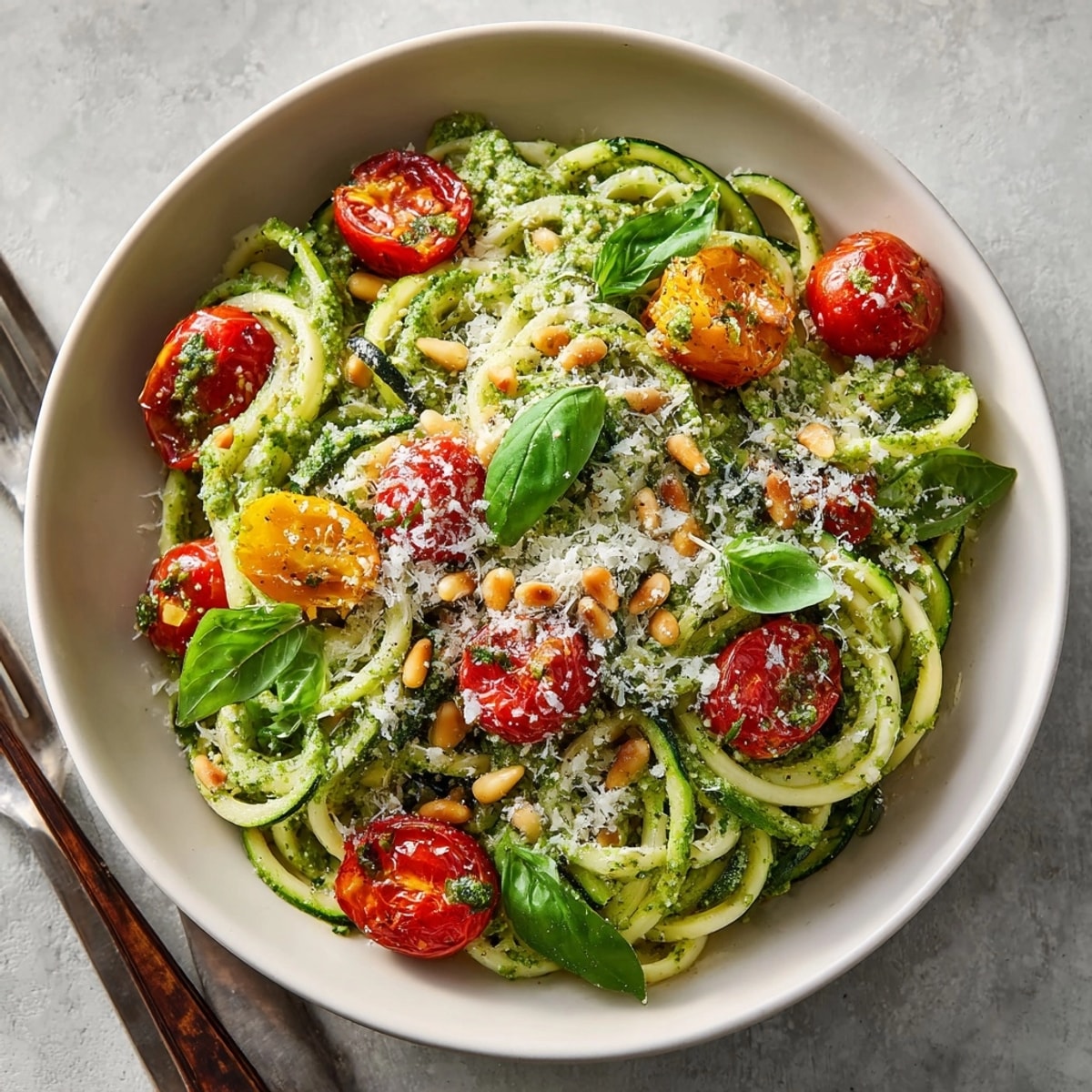 Cool, refreshing cherry tomato pesto zucchini pasta; a healthy, flavorful vegetarian meal option shown.