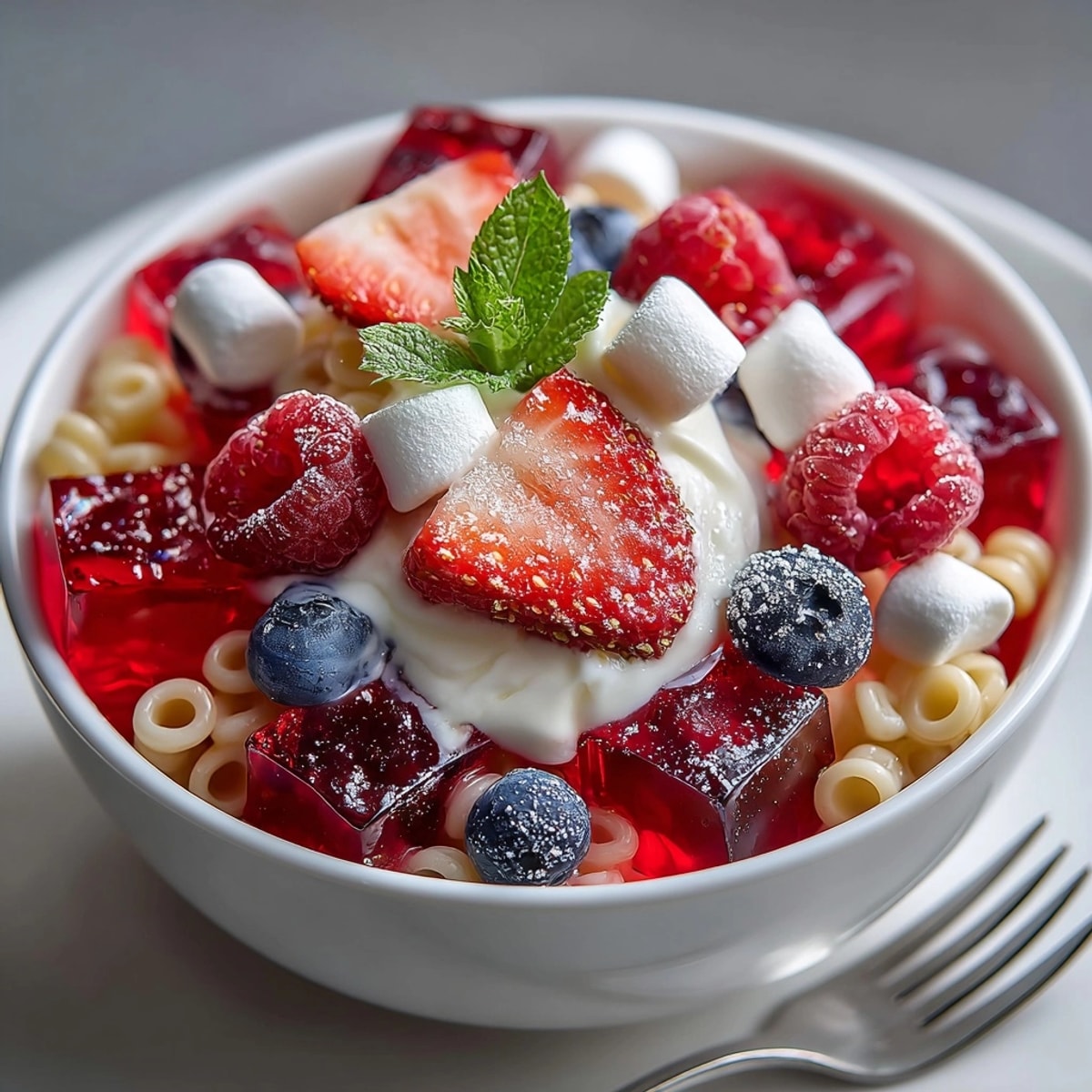 This Rebel Soda Jello Parfait Pasta Salad features sweet pasta, fresh berries, and refreshing fruity soda gelatin.