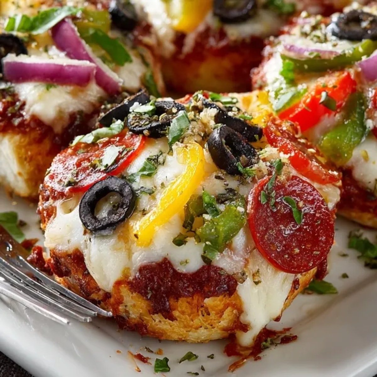 A bubbly Pizza Bagel Bites Casserole, baked to golden perfection, with melted cheese and pepperoni.