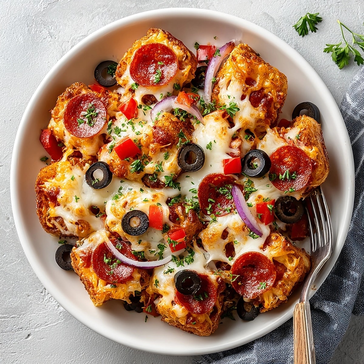 Close-up of a comforting, cheesy Pizza Bagel Bites Casserole with a fragrant herb garnish, ready to enjoy.