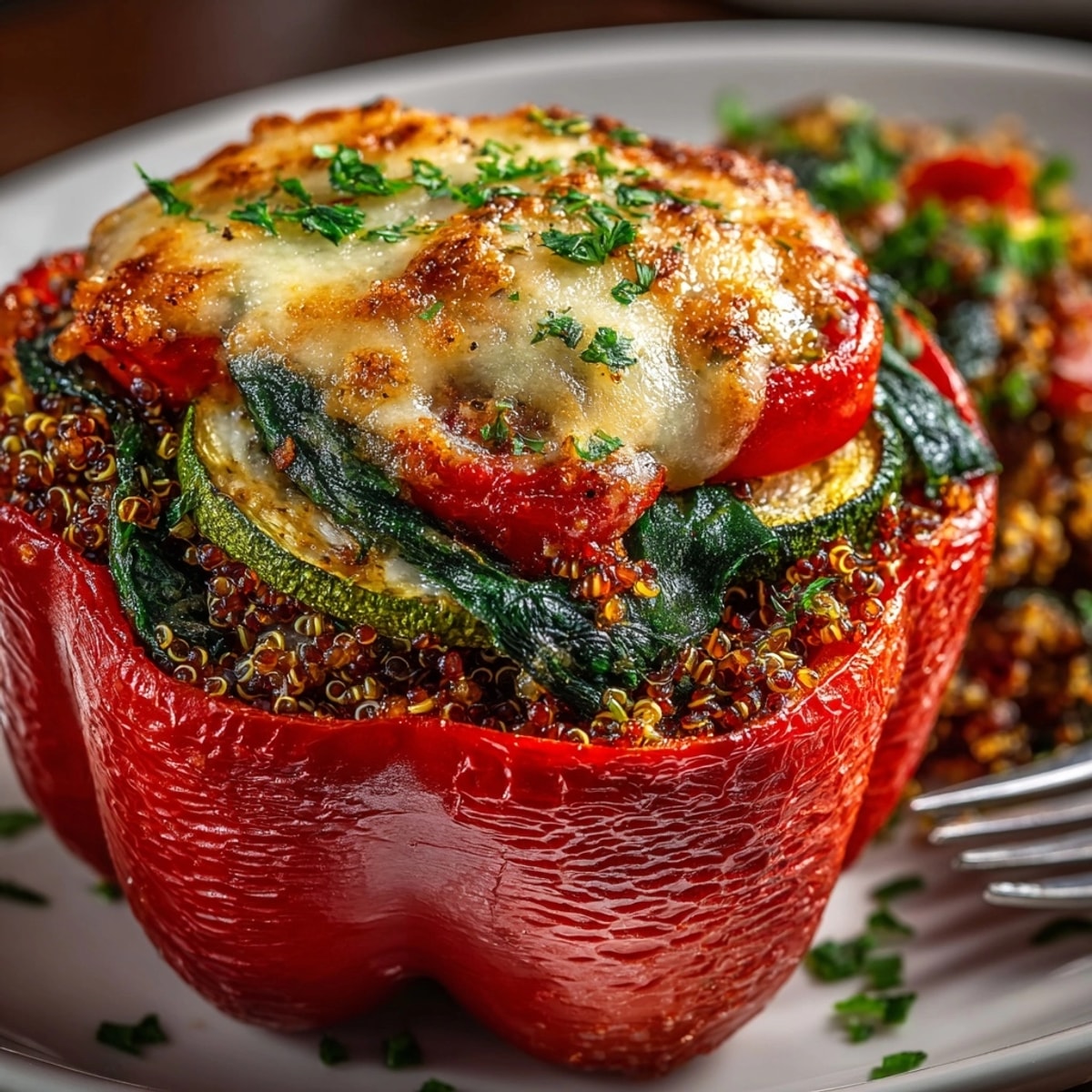 Golden-baked Quinoa Stuffed Bell Peppers showcasing a colorful garden of fresh, flavorful ingredients and melted cheese.