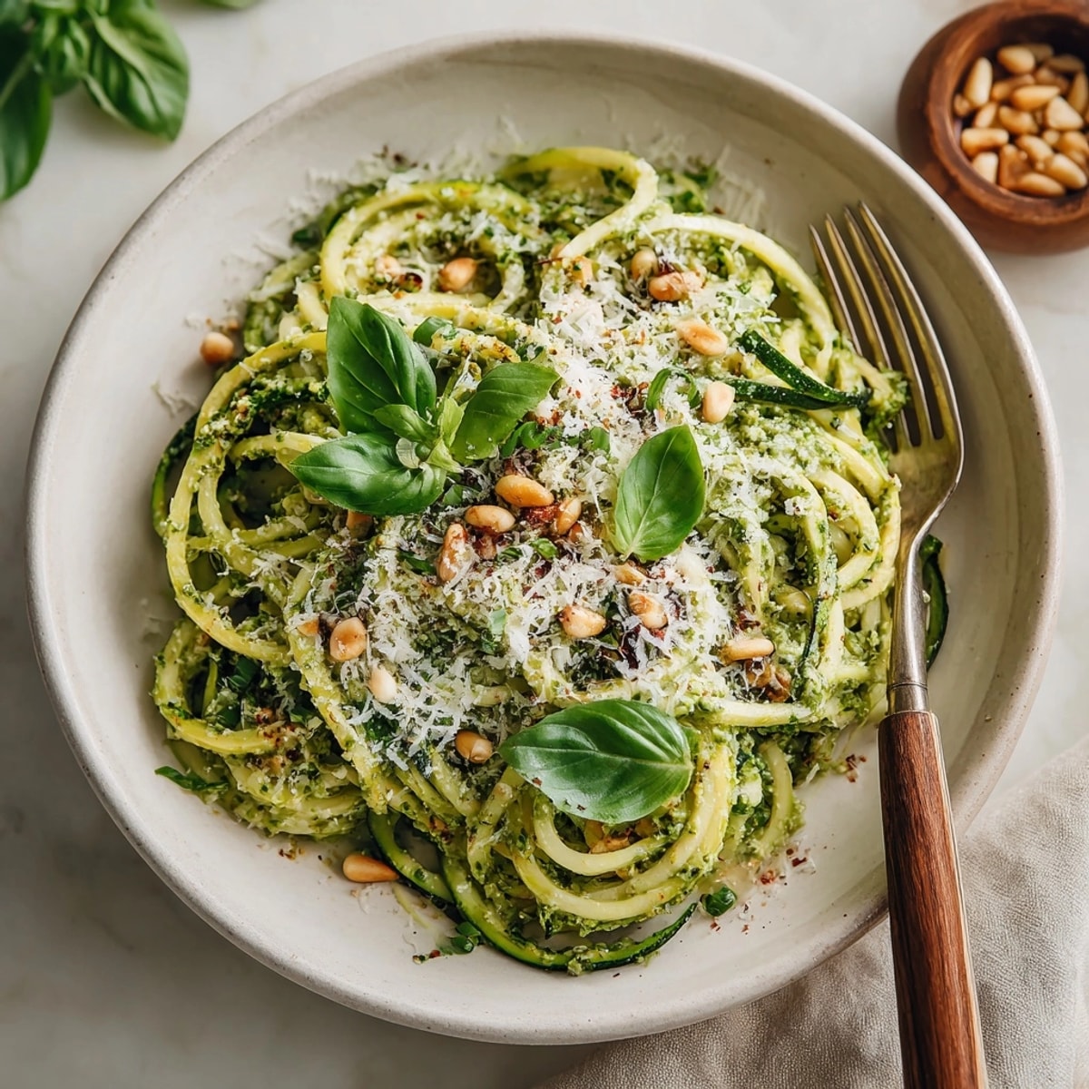 Healthy zucchini noodles with pesto, illustrating a gluten-free and light, Italian dinner option.