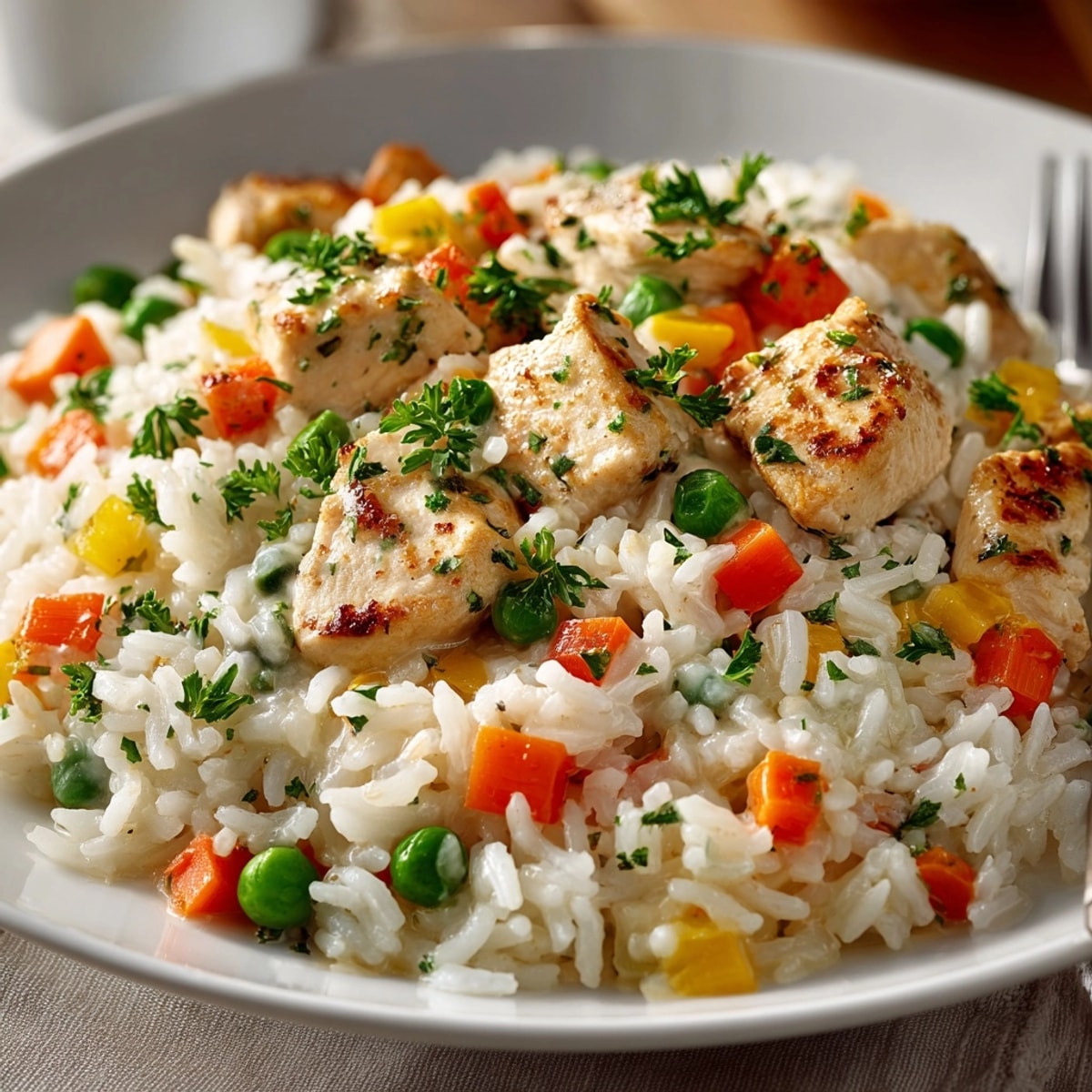 Creamy One-Pot Chicken and Rice with tender chicken and vegetables, ready to serve.