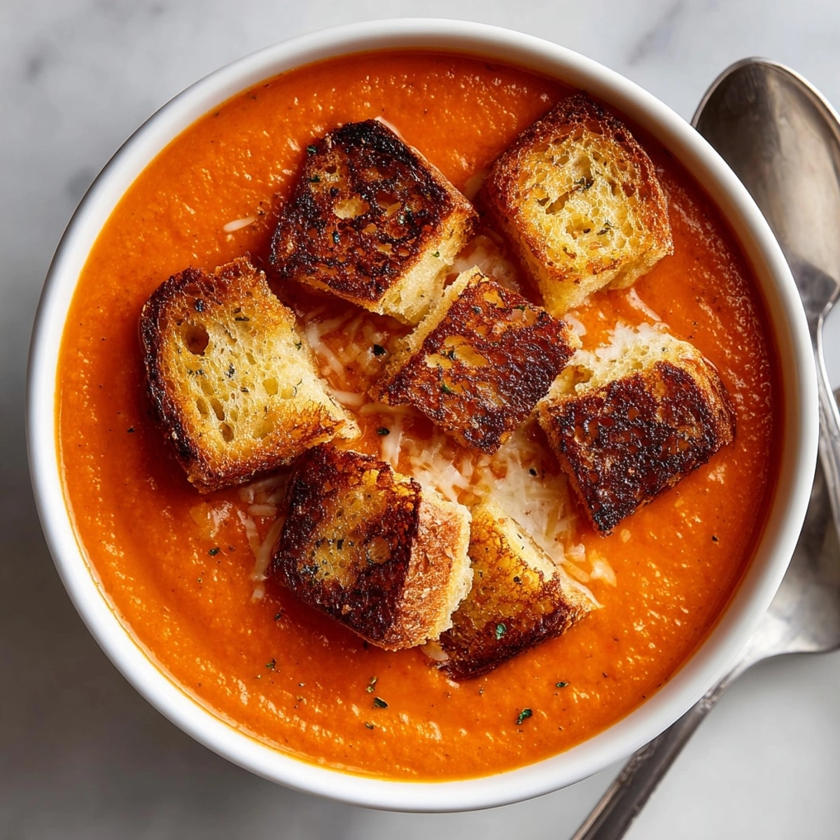Indulge in a bowl of rich and creamy tomato soup, loaded with crispy grilled cheese croutons; a family favorite.