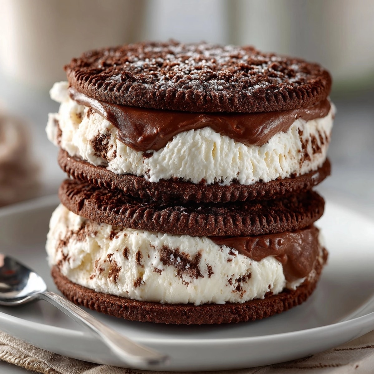 Rich, decadent Rebel Float Ice Cream Sandwiches featuring chocolate cookies with root beer flavored ice cream.
