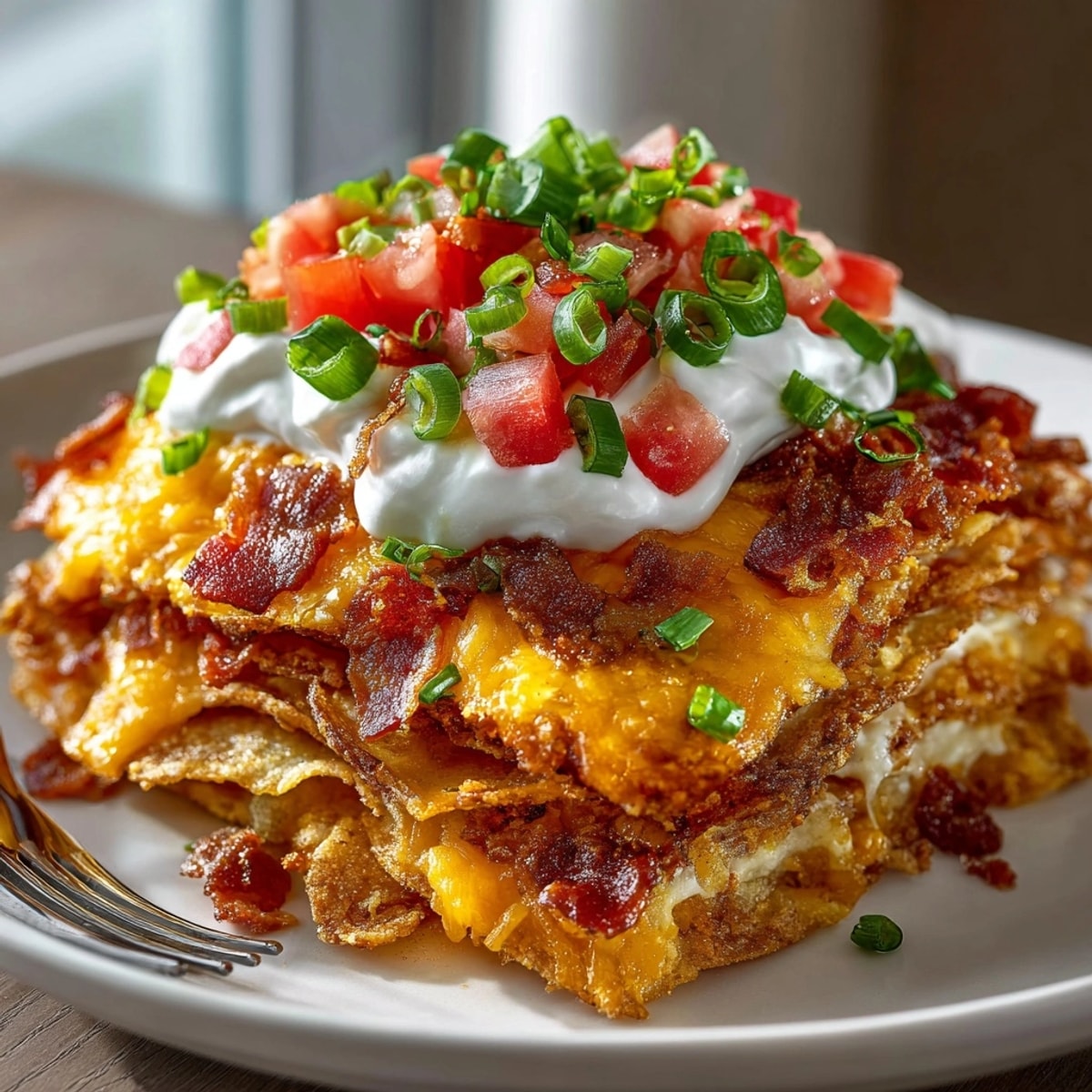 A close-up of savory, cheese-laden Loaded Potato Skin Nachos, perfect for a tasty game day appetizer.