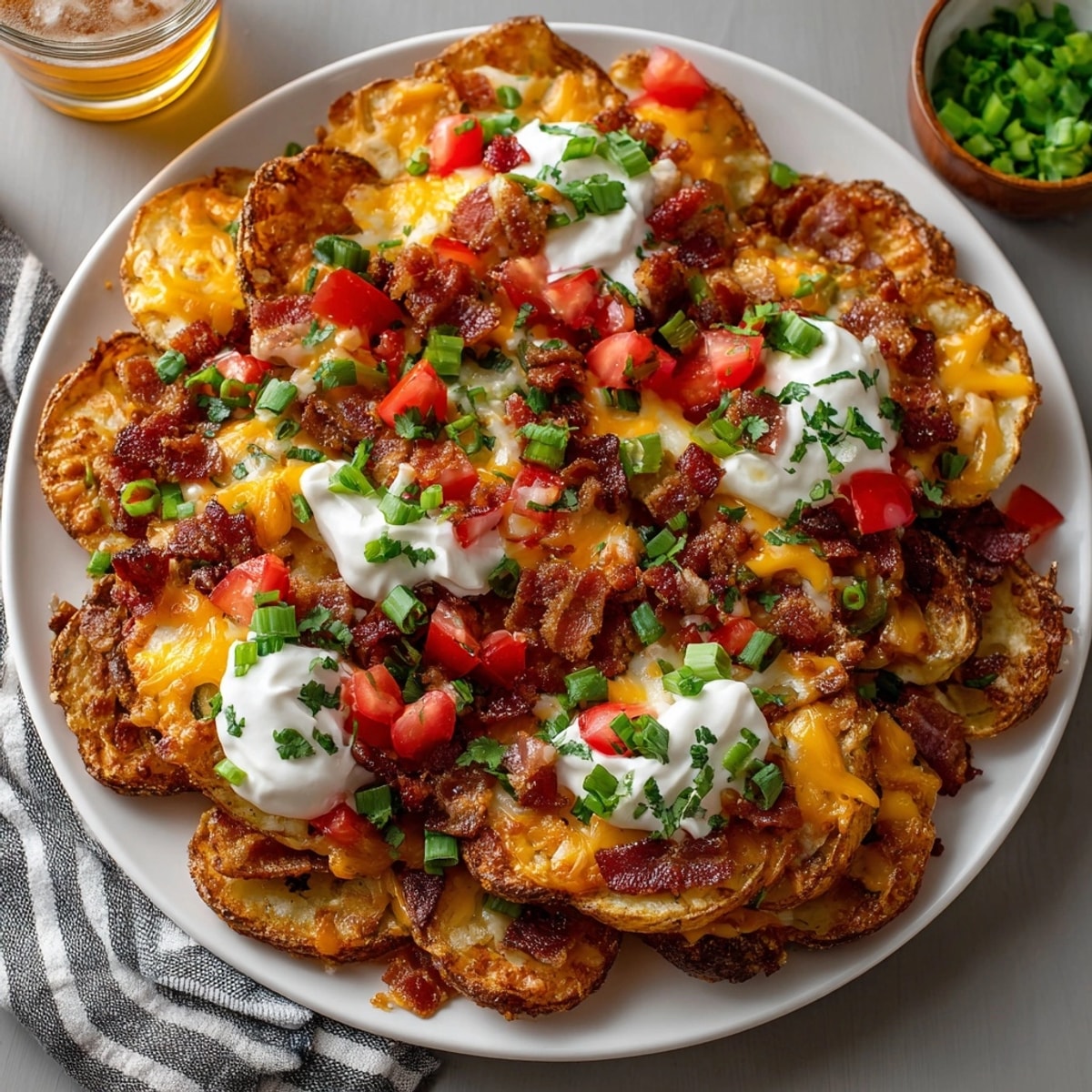 These homemade Loaded Potato Skin Nachos are stacked high with delicious toppings, a crowd-pleasing meal.