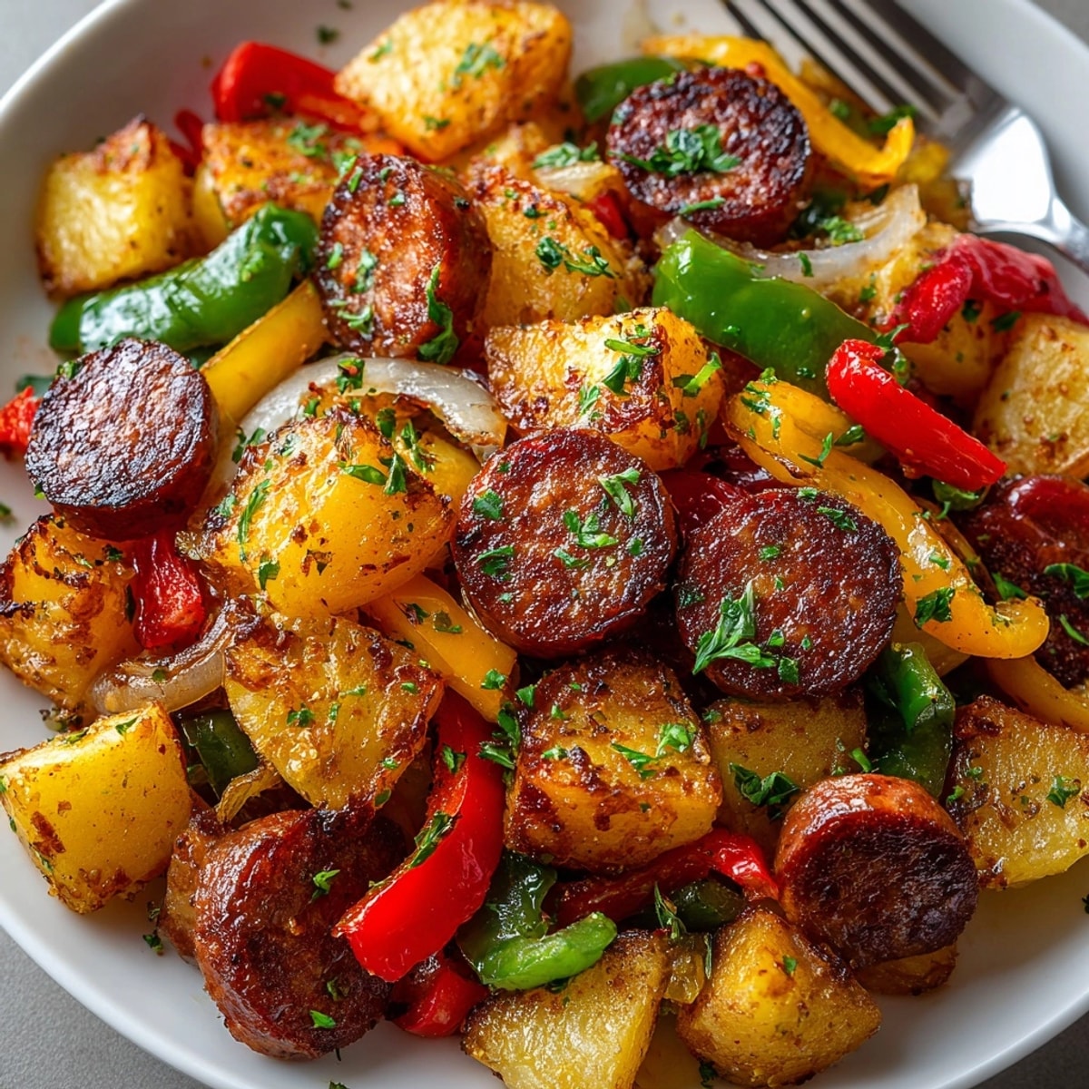 Sausage and potato hash with browned potatoes, savory sausage, and colorful bell peppers.