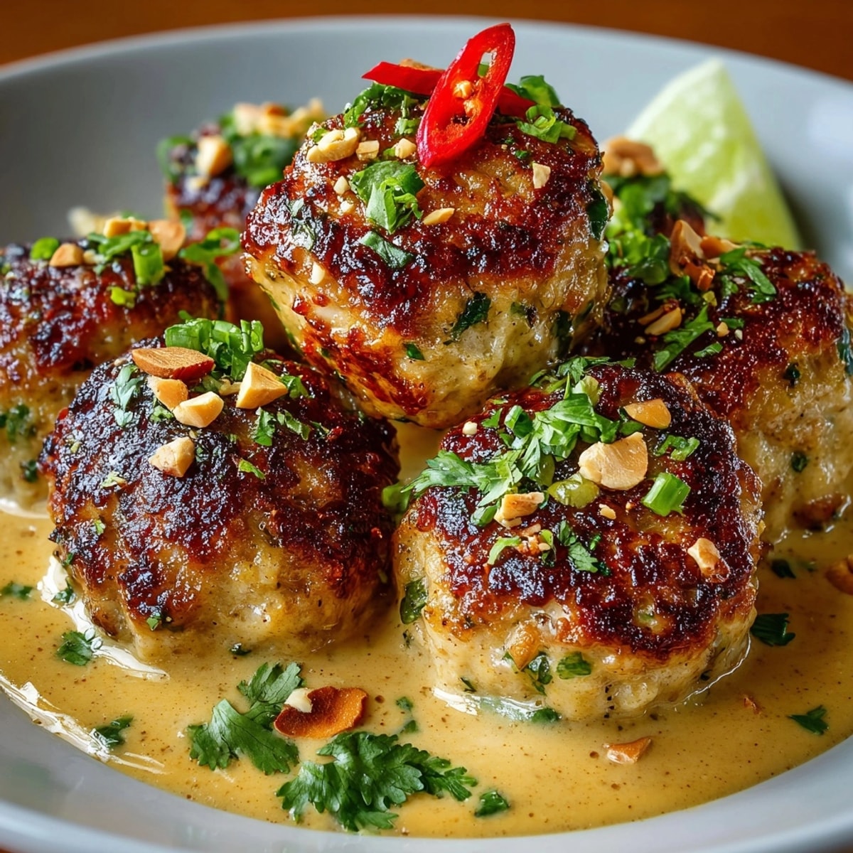 Thai Peanut Chicken Meatballs topped with creamy peanut sauce and fresh cilantro, served hot over rice