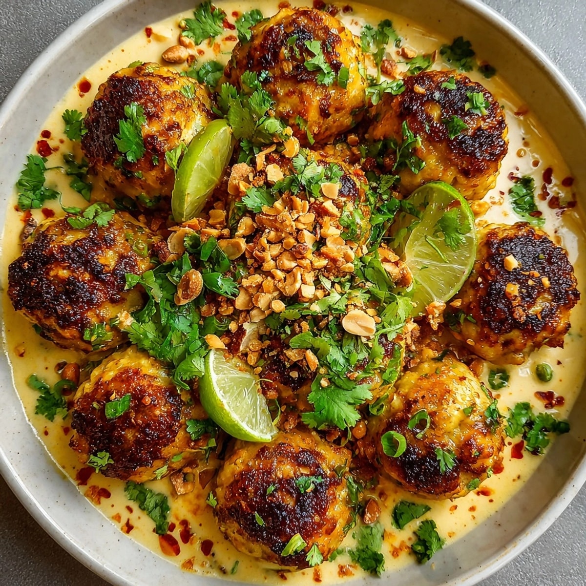 Close-up of juicy Thai Peanut Chicken Meatballs in rich peanut sauce, ready as a savory appetizer